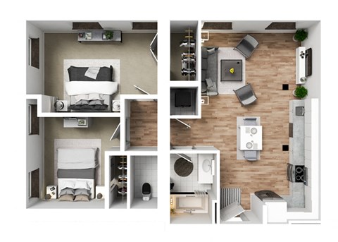 Floor plan for 2 beds, 1 bath, 727 sqft